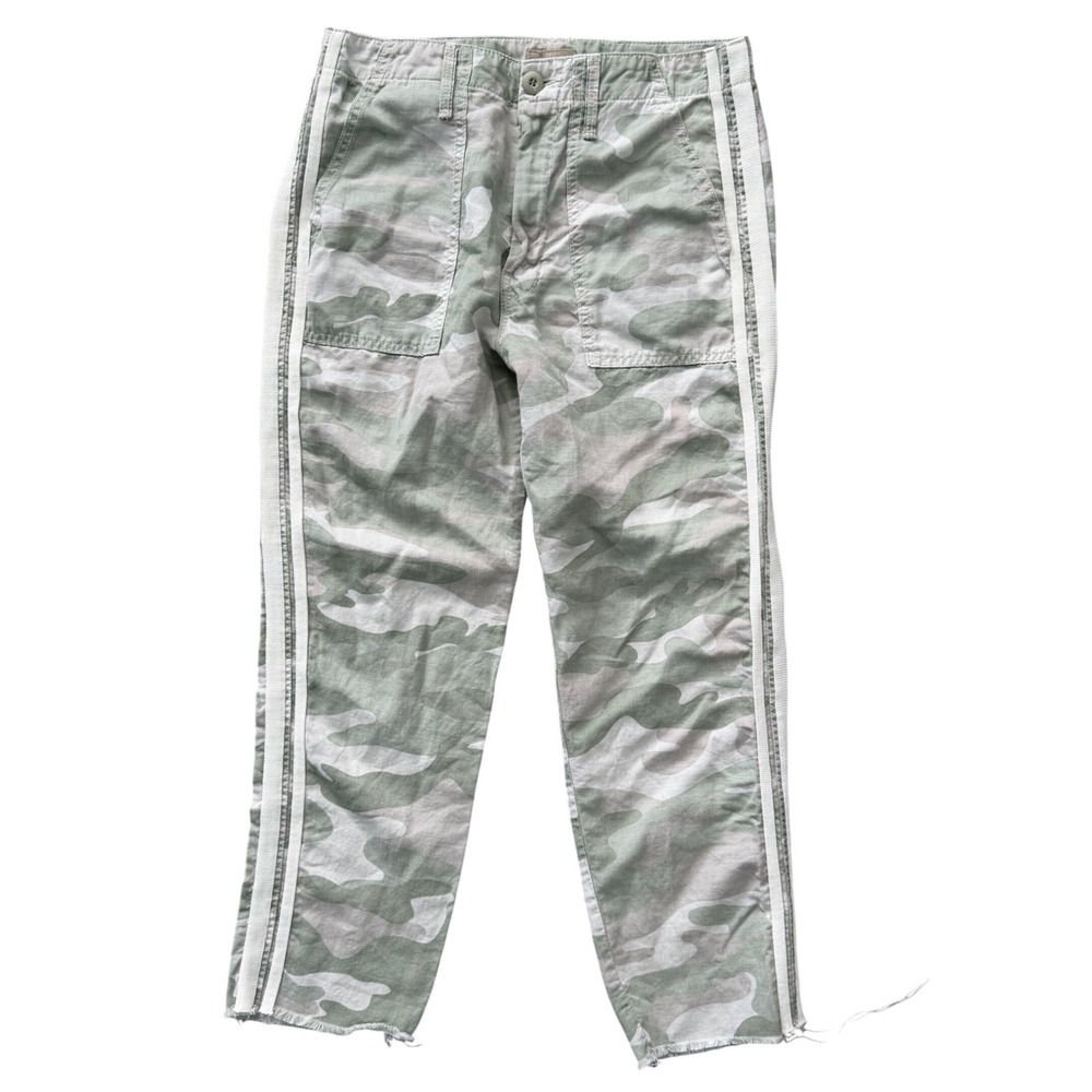 MOTHER The Shaker Chop‎ Crop Fray Camo Linen Blend Pants Desert Print Green 26